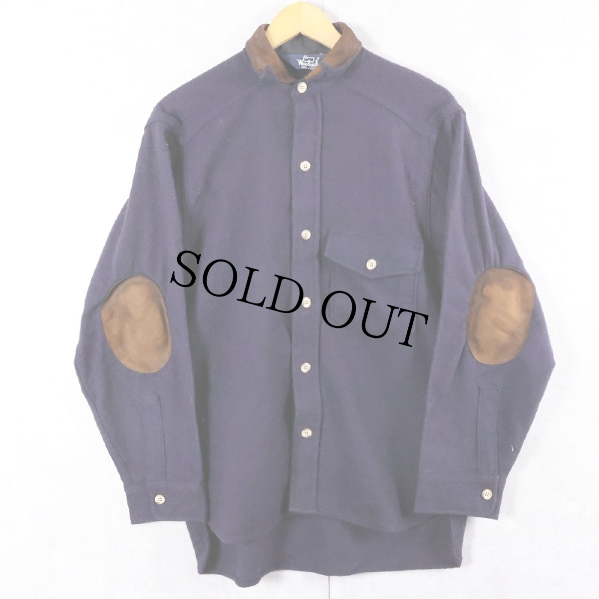 画像1: 【SALE】 80's Woolrich USA製 エルボーパッチ付き レザー切り替え ウールシャツ NAVY S (1)