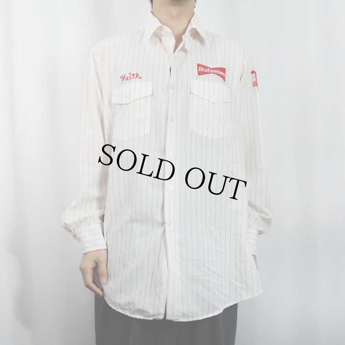 画像3: 70's Unitog USA製 "Budweiser" ストライプ柄 ロゴワッペン ワークシャツ SIZE16-16 1/2 (3)