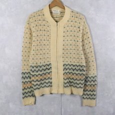 画像1: 60's Sears 柄編み ウール×モヘア ジップアップ ニットカーディガン M (1)