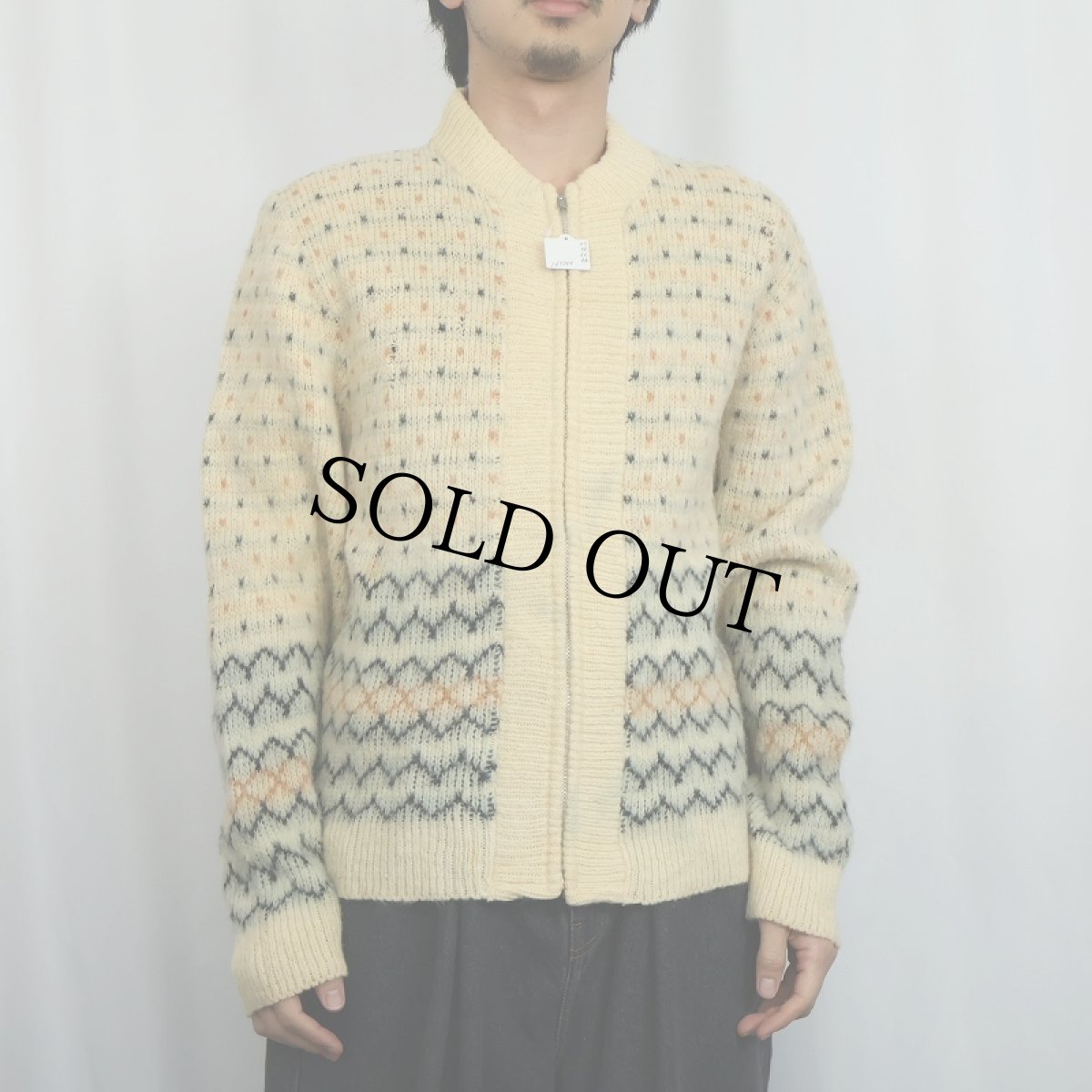 画像2: 【SALE】 60's Sears 柄編み ウール×モヘア ジップアップ ニットカーディガン M (2)
