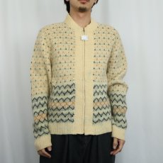画像2: 60's Sears 柄編み ウール×モヘア ジップアップ ニットカーディガン M (2)