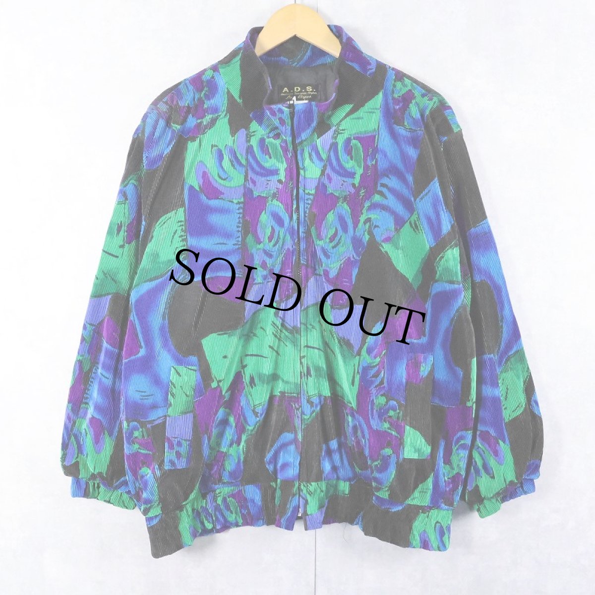画像1: 80's A.D.S. 総柄 プリーツデザイン ポリエステルジップジャケット L (1)