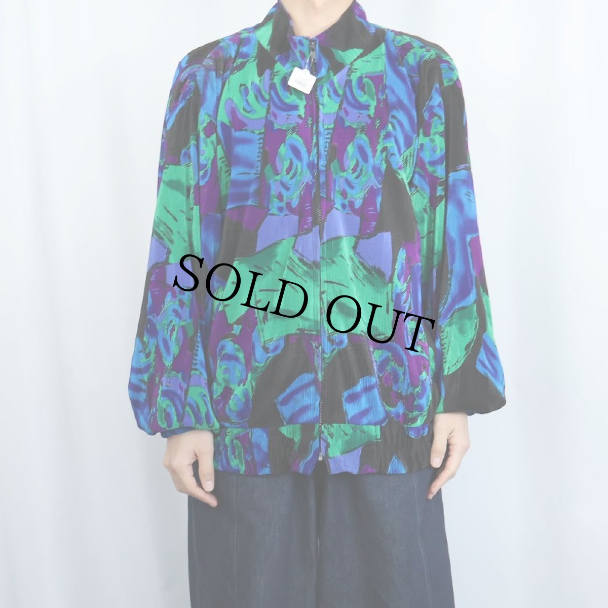 画像2: 80's A.D.S. 総柄 プリーツデザイン ポリエステルジップジャケット L (2)