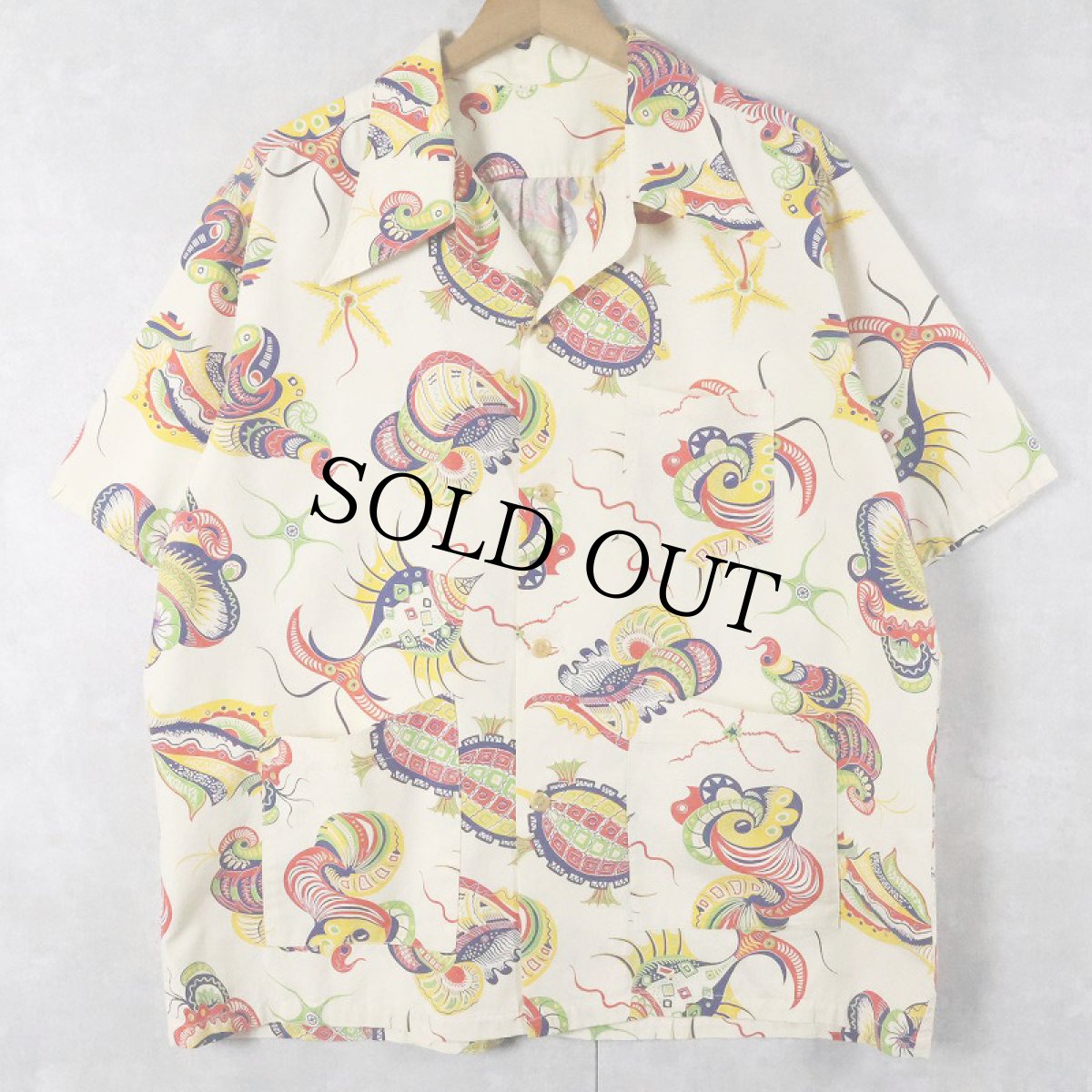 画像1: 40's オールオーバーパターン コットンハワイアンシャツ L (1)