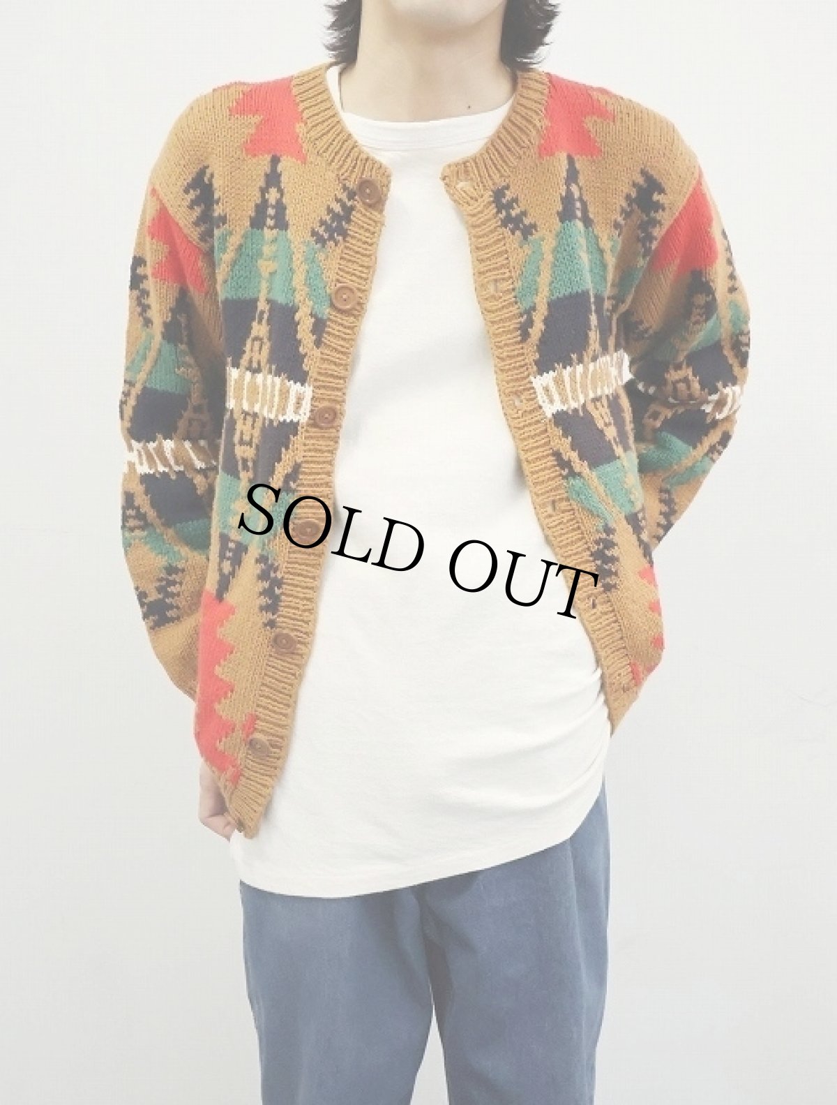 画像1: ネイティブ柄 コットン ハンドニットカーディガン (1)