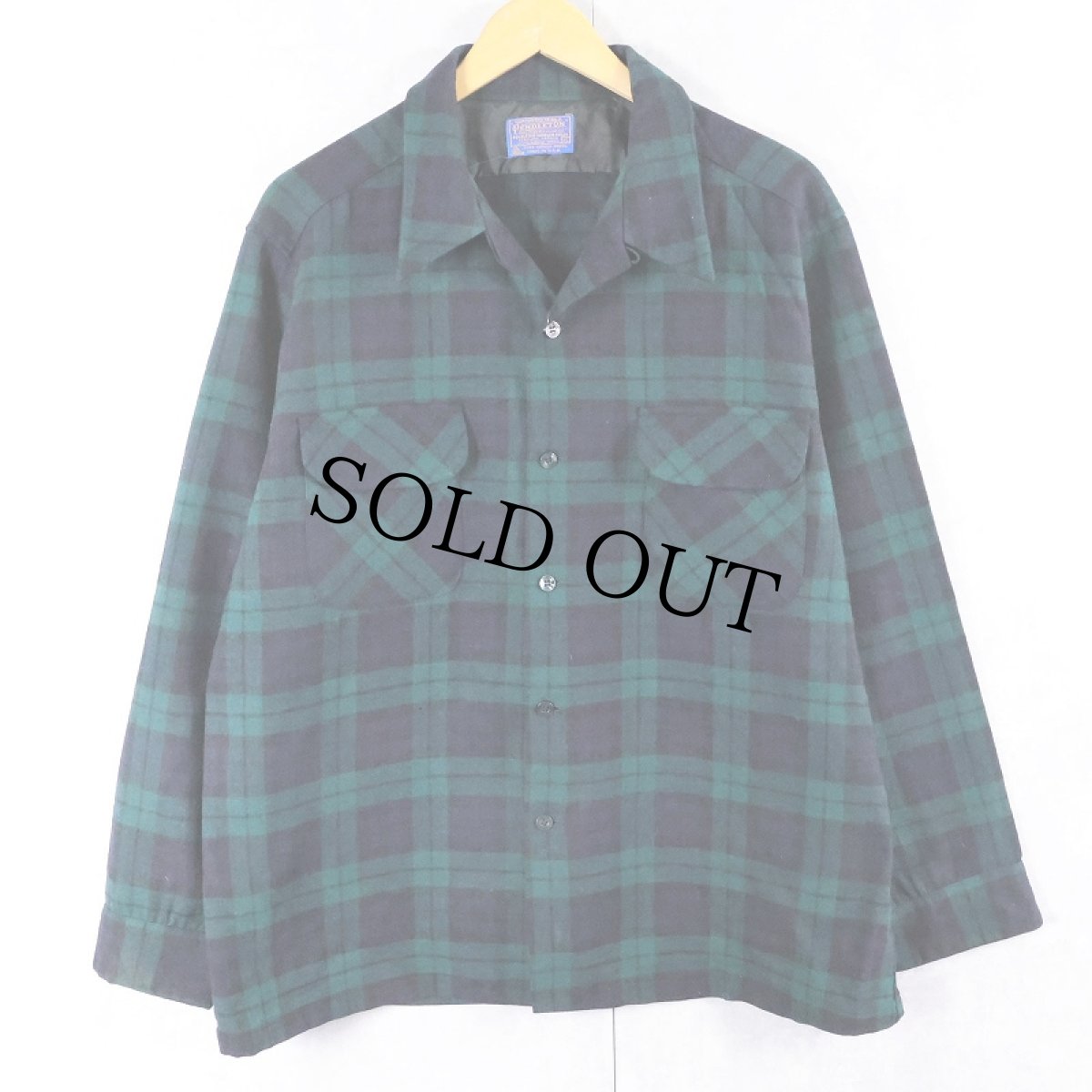 画像1: 70's PENDLETON USA製 ブラックウォッチチェック柄 ウールオープンカラーシャツ XL (1)