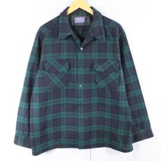 画像1: 70's PENDLETON USA製 ブラックウォッチチェック柄 ウールオープンカラーシャツ XL (1)
