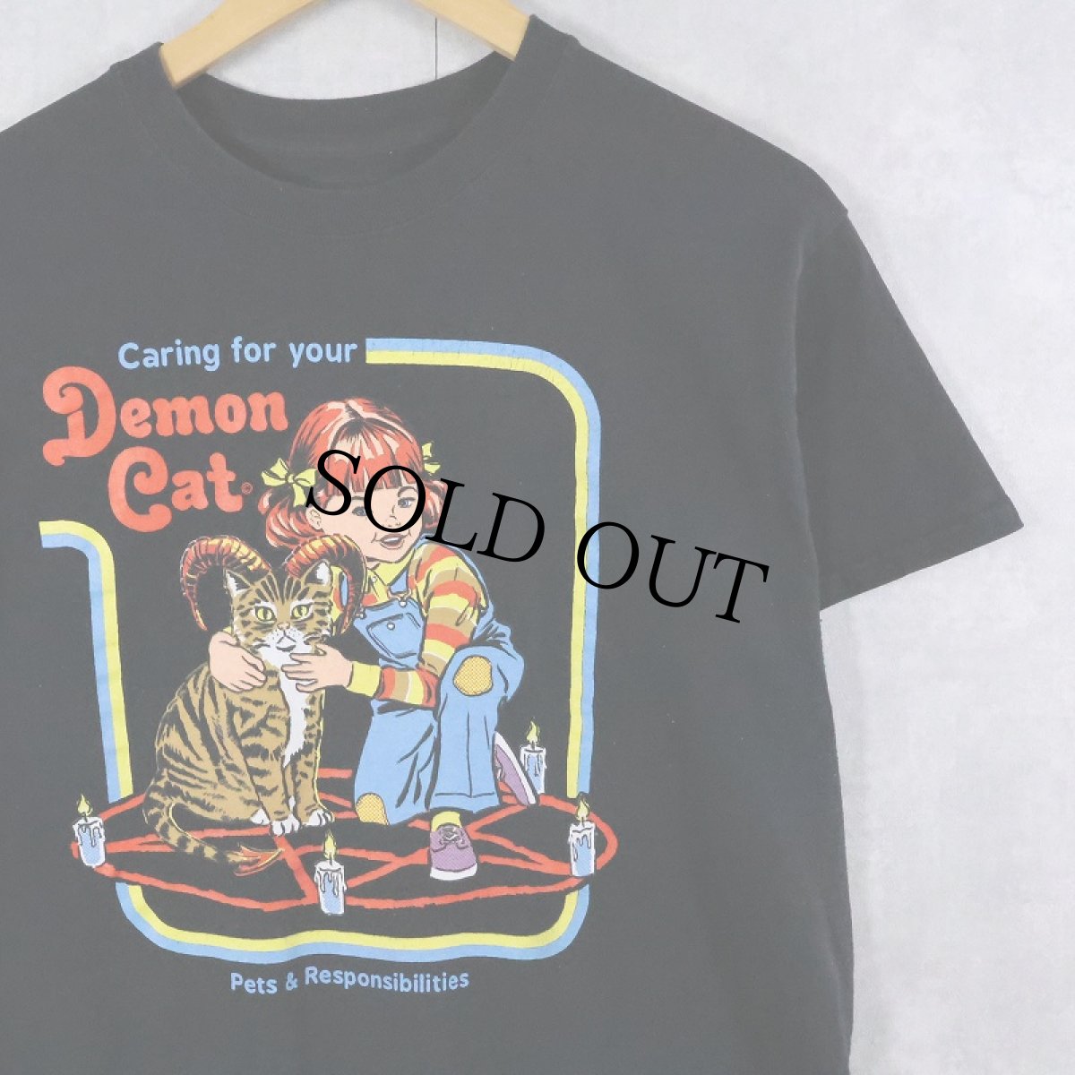 画像1: Steven Rhodes "Demon Cat" イラストプリントTシャツ BLACK M (1)