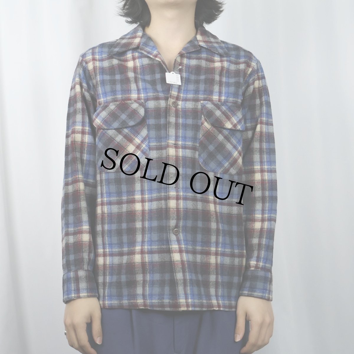 画像2: 70's PENDLETON USA製 チェック柄 ウールオープンカラーシャツ M (2)