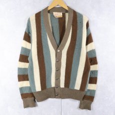 画像1: 60's Jantzen USA製 ストライプ柄 ウールニットカーディガン L (1)