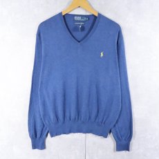 画像1: POLO Ralph Lauren ロゴ刺繍 "PIMA COTTON" Vネック コットンニットセーター M (1)
