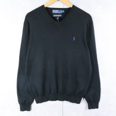 画像1: POLO Ralph Lauren ロゴ刺繍 "PIMA COTTON" Vネック コットンニットセーター BLACK L (1)