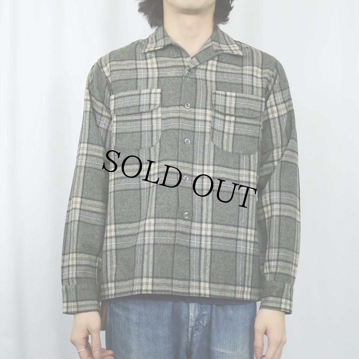 画像2: 50's Buck Skein Brand チェック柄 ウールオープンカラーシャツ M (2)