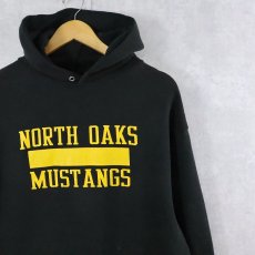 画像1: 80's JERZEES USA製 "NORTH OAKS MUSTANGS" プリントスウェットフーディー BLACK L (1)