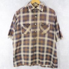 画像1: 70〜80's KINGSPORT チェック柄 カットオフスリーブ プリントネルシャツ L (1)