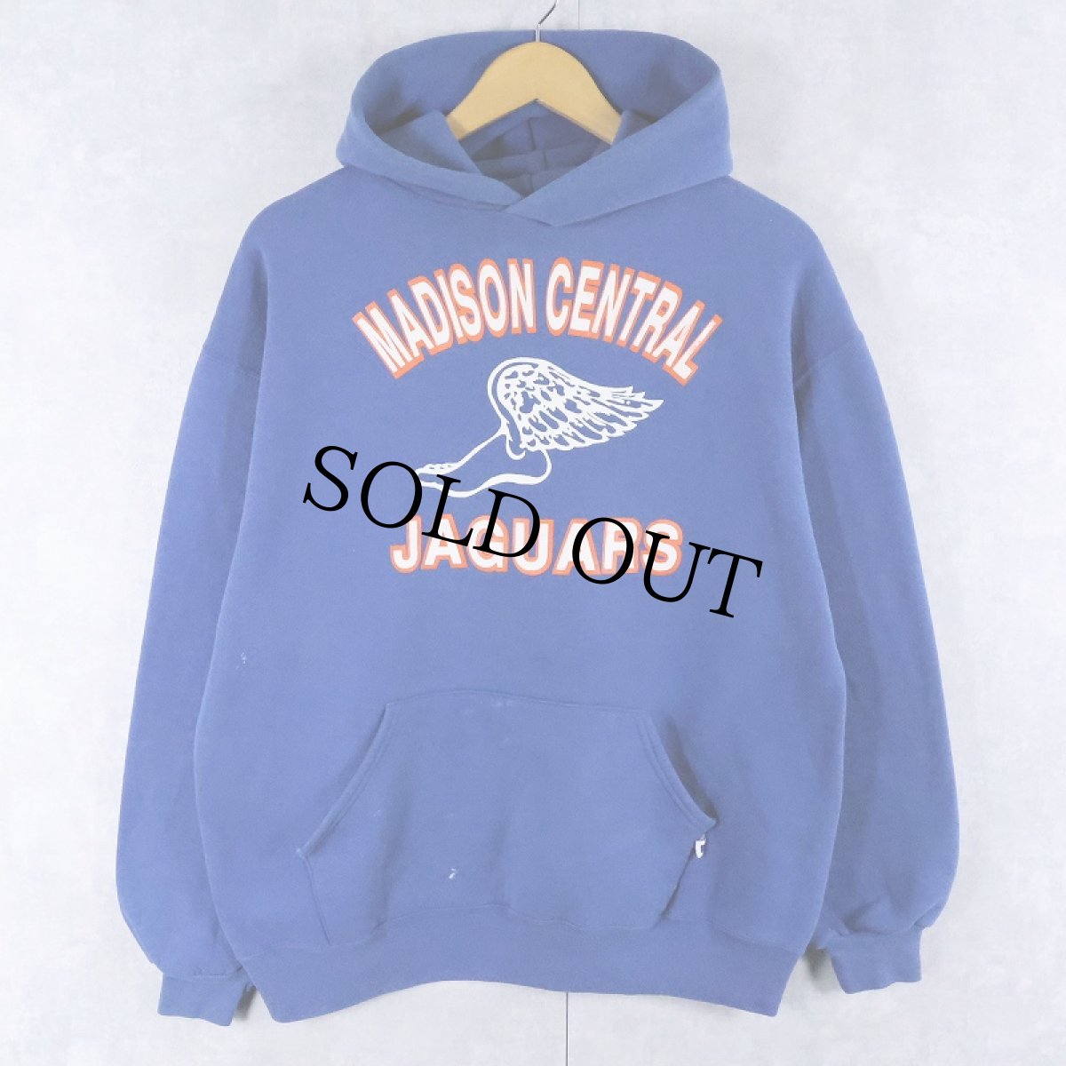 画像1: 90's RUSSELL ATHLETIC USA製 "MADISON CENTRAL JAGUARS" ウイングフットプリントスウェットフーディー L (1)