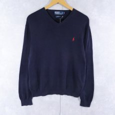 画像1: POLO Ralph Lauren ロゴ刺繍 "PIMA COTTON" Vネック コットンニットセーター NAVY M (1)