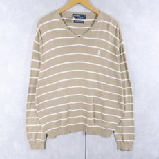 画像1: POLO Ralph Lauren ロゴ刺繍 ボーダー柄 Vネック ピマコットン ニットセーター L (1)