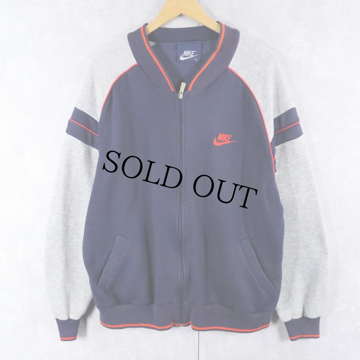 画像1: 80's NIKE 紺タグ ロゴ刺繍 切り替えデザイン スウェットジップジャケット NAVY XL (1)