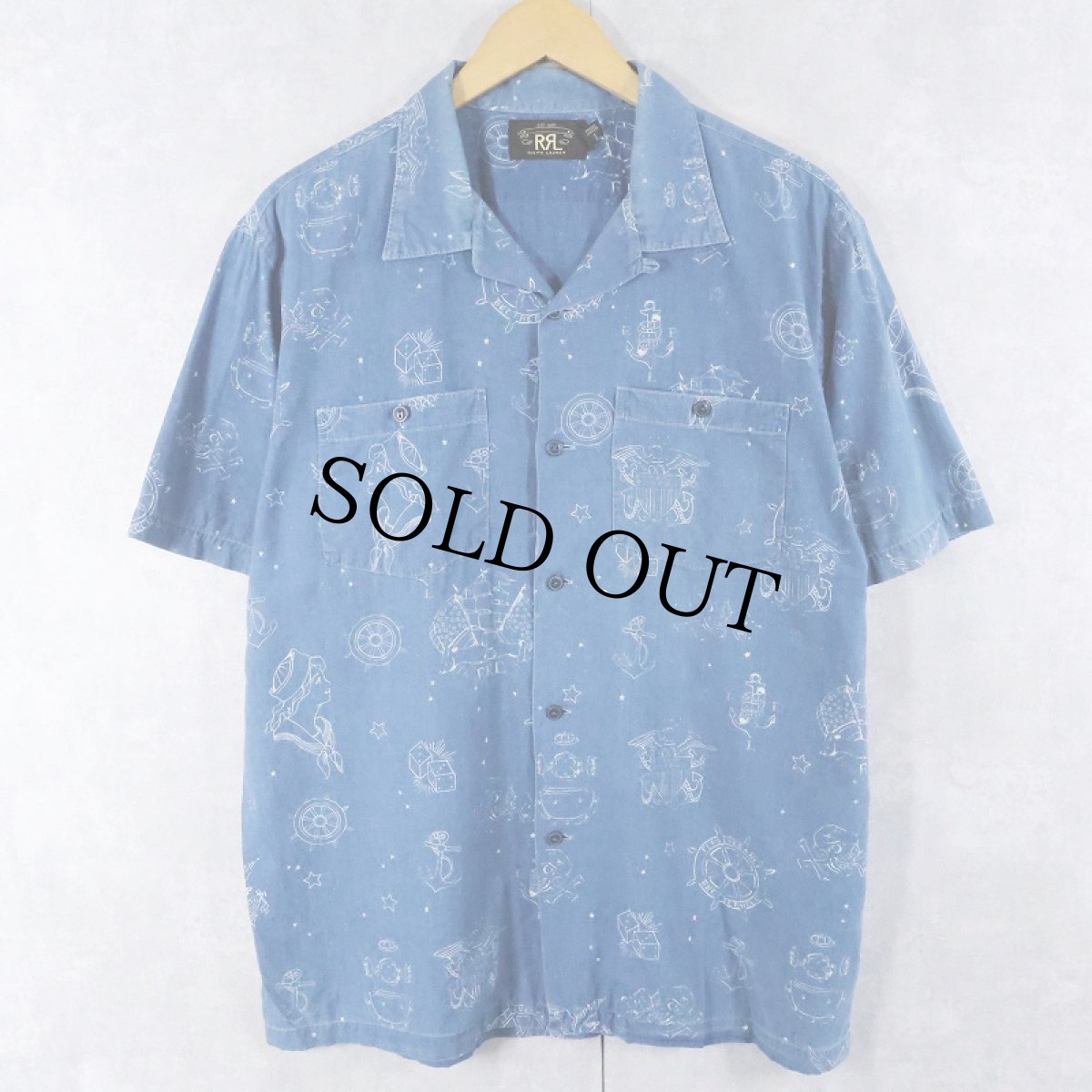画像1: Ralph Lauren RRL タトゥー柄 インディゴコットンアロハシャツ L (1)