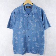 画像1: Ralph Lauren RRL タトゥー柄 インディゴコットンアロハシャツ L (1)