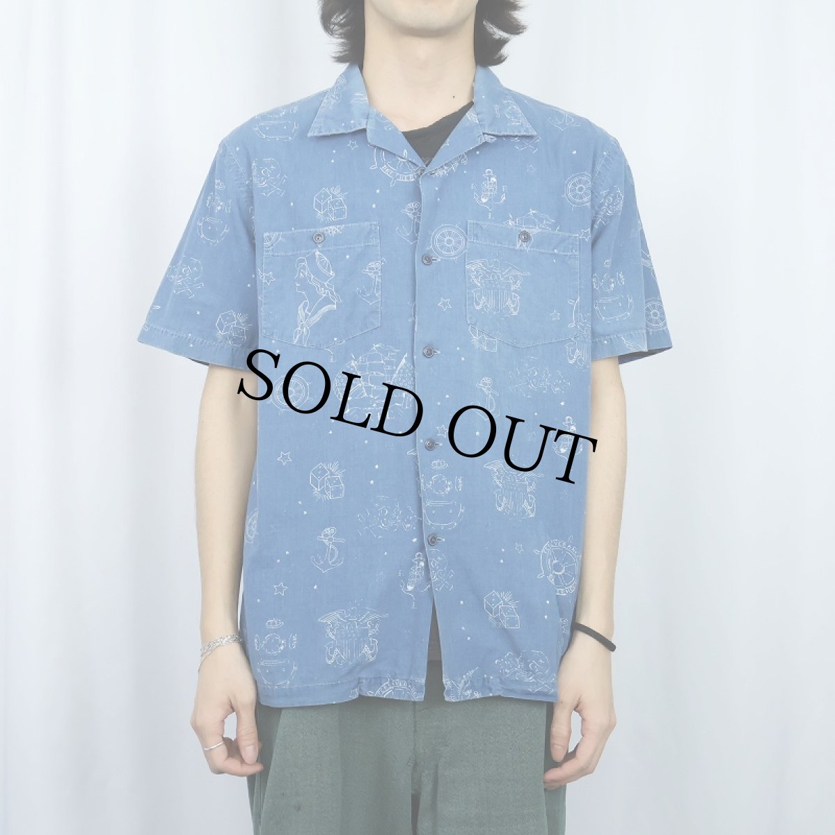 画像2: Ralph Lauren RRL タトゥー柄 インディゴコットンアロハシャツ L (2)