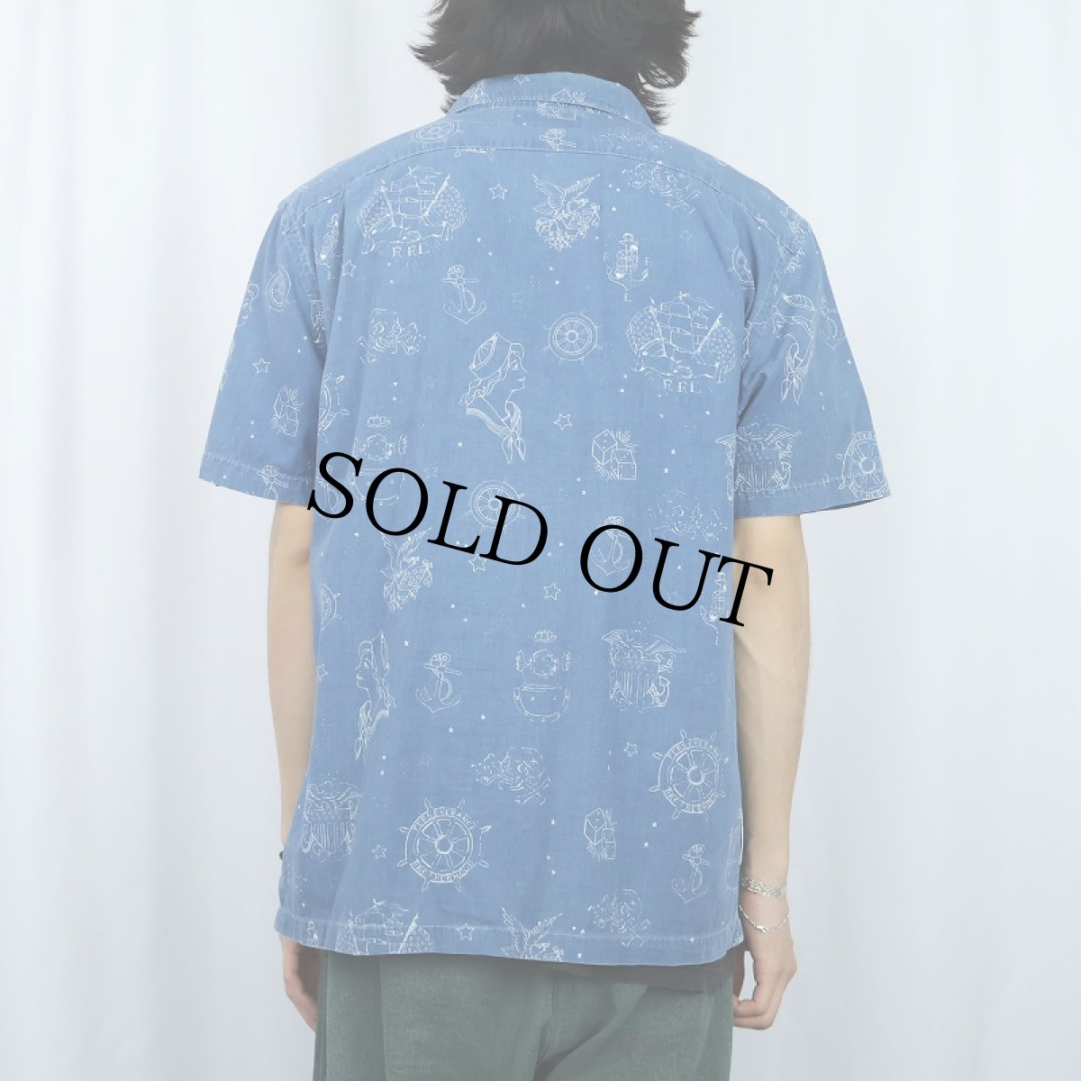 画像3: Ralph Lauren RRL タトゥー柄 インディゴコットンアロハシャツ L (3)