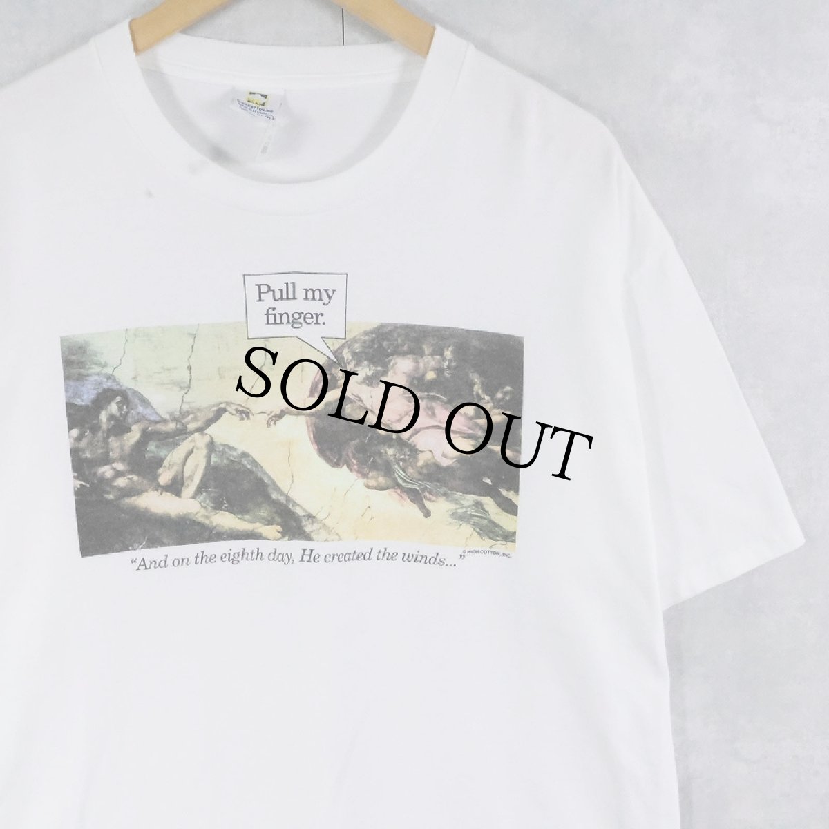 画像1: 90's Michelangelo アダムの創造 USA製 "Pull my finger." パロディプリントTシャツ XL (1)