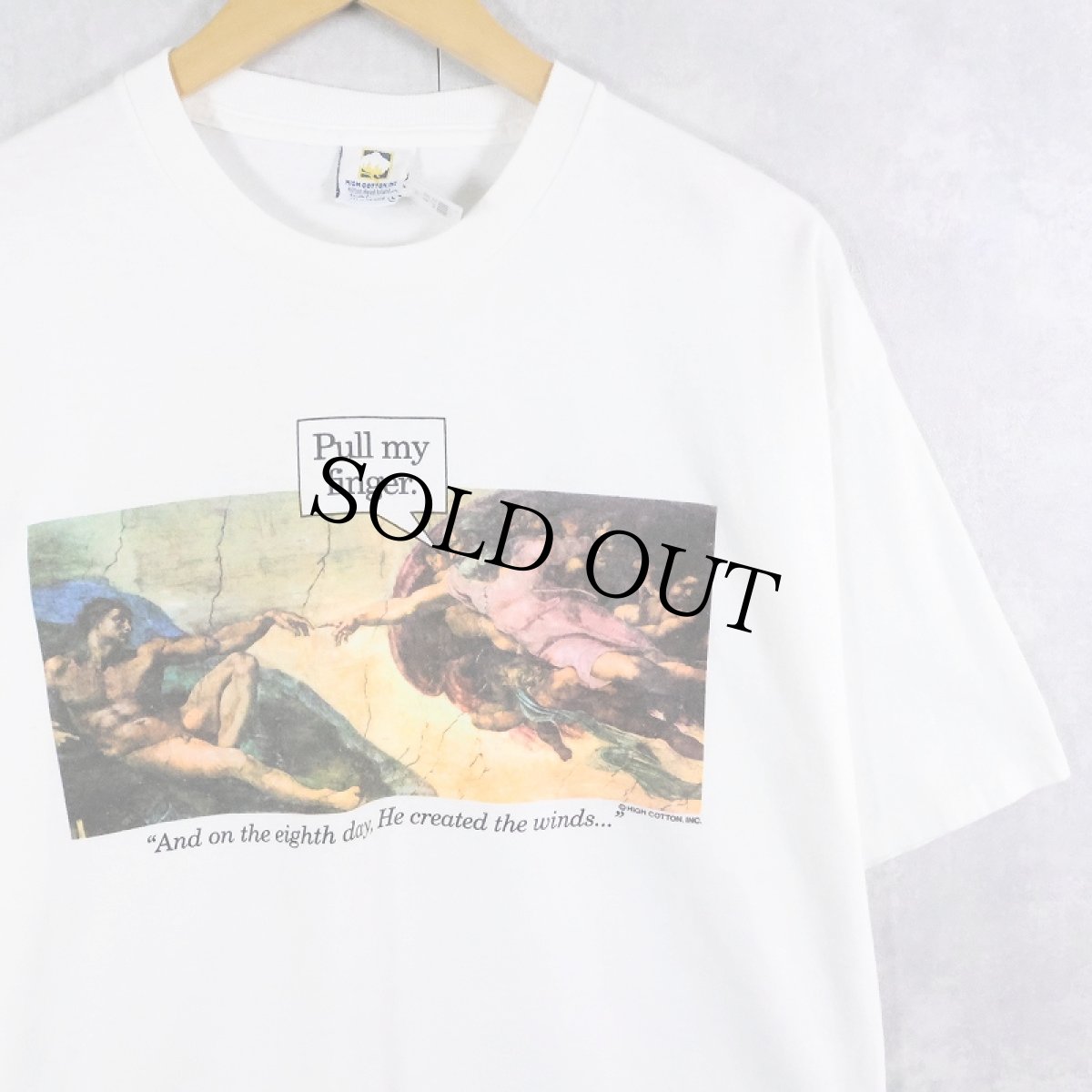 画像1: 90's Michelangelo アダムの創造 USA製 "Pull my finger." パロディプリントTシャツ L (1)
