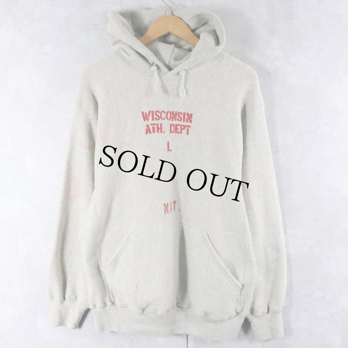 画像1: 90's MacGregor Sand-Knit REVERSE WEAVE TYPE コットン×レーヨン "WISCONSIN ATH.DEPT L" プリントスウェットフーディー L (1)