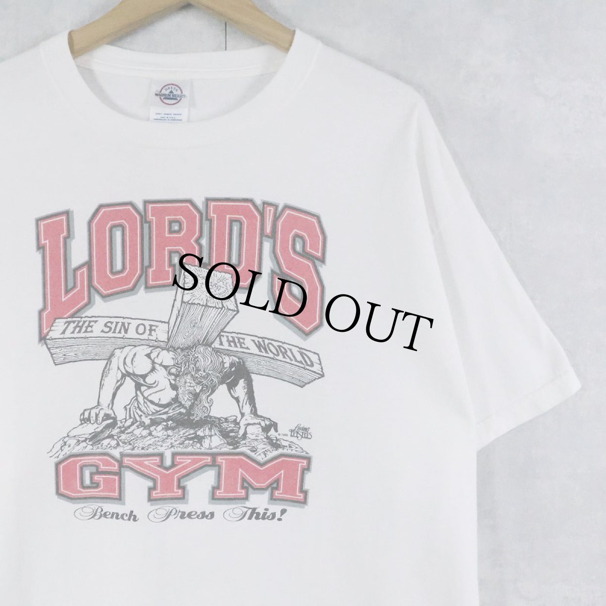 画像1: 90's LORD'S GYM "HIS PAIN YOUR GAIN" ジーザスパロディ プリントTシャツ XL (1)