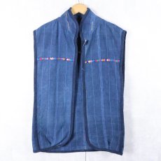 画像1: ストライプ柄 刺繍入り インディゴベスト (1)