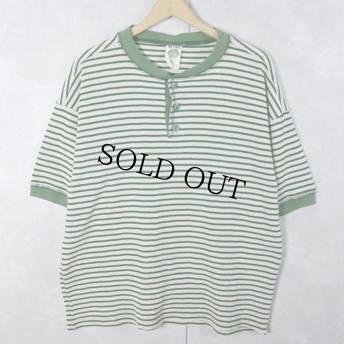 画像1: 80's〜 WISE GUY ボーダー柄 ヘンリーネック ワッフルTシャツ L (1)