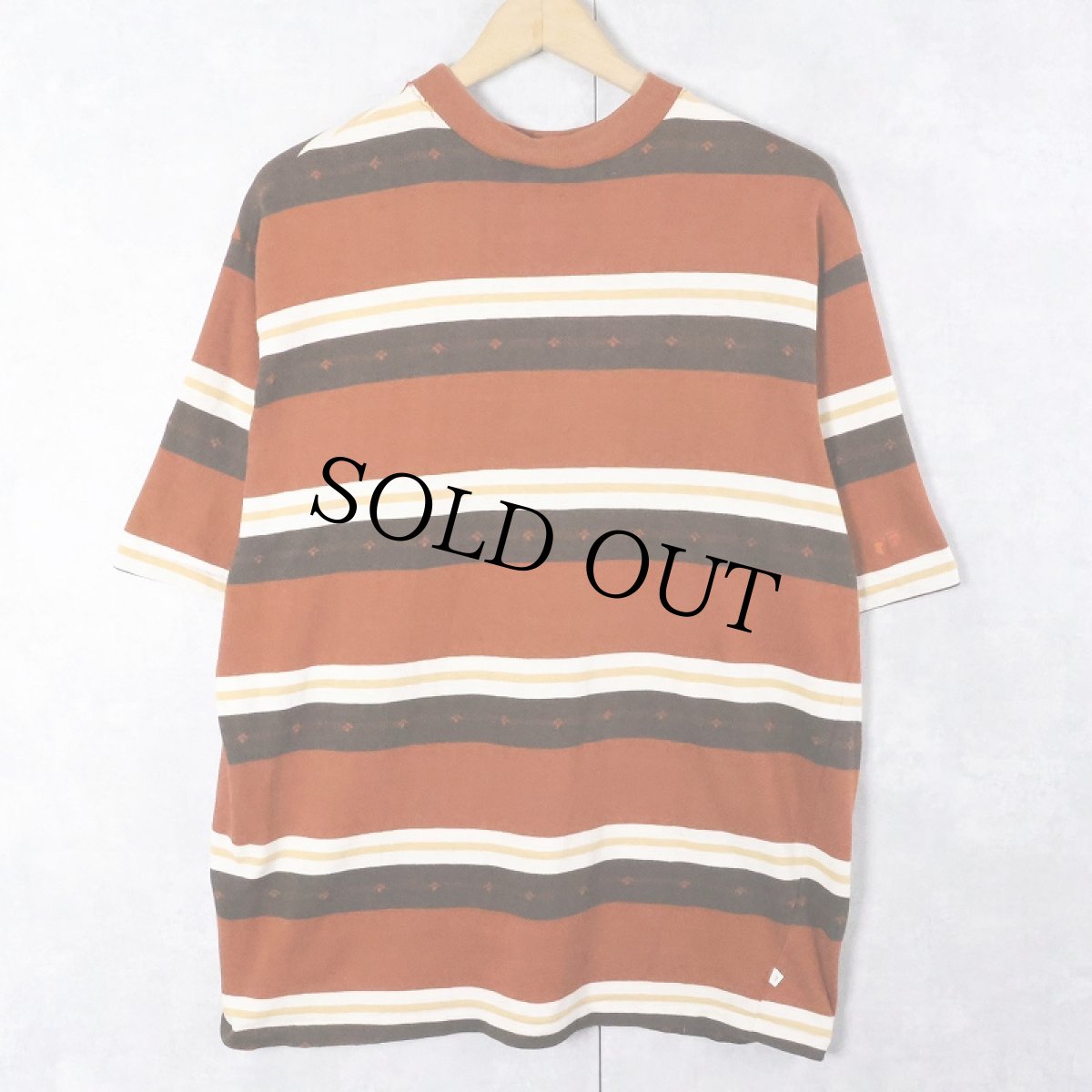 画像1: 70's HANG TEN マルチボーダー柄 ロゴ刺繍Ｔシャツ XL (1)