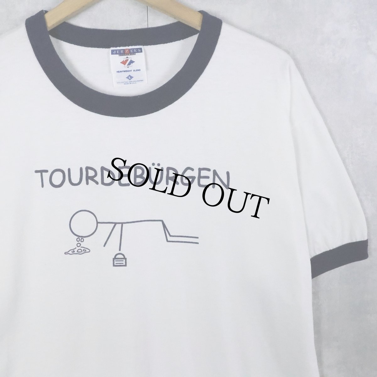画像1: USA製 TOURDEBÜRGEN イラストプリント リンガーTシャツ L (1)