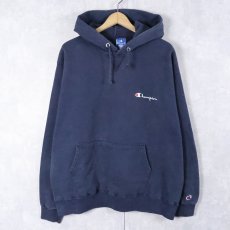 画像1: 90's Champion 青刺繍タグ 中期 USA製 前V ロゴ刺繍スウェットフーディー NAVY XL (1)