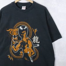 画像1: 90's Bruce Lee  USA製 ハリウッド俳優 フロッキープリントＴシャツ BLACK XL (1)