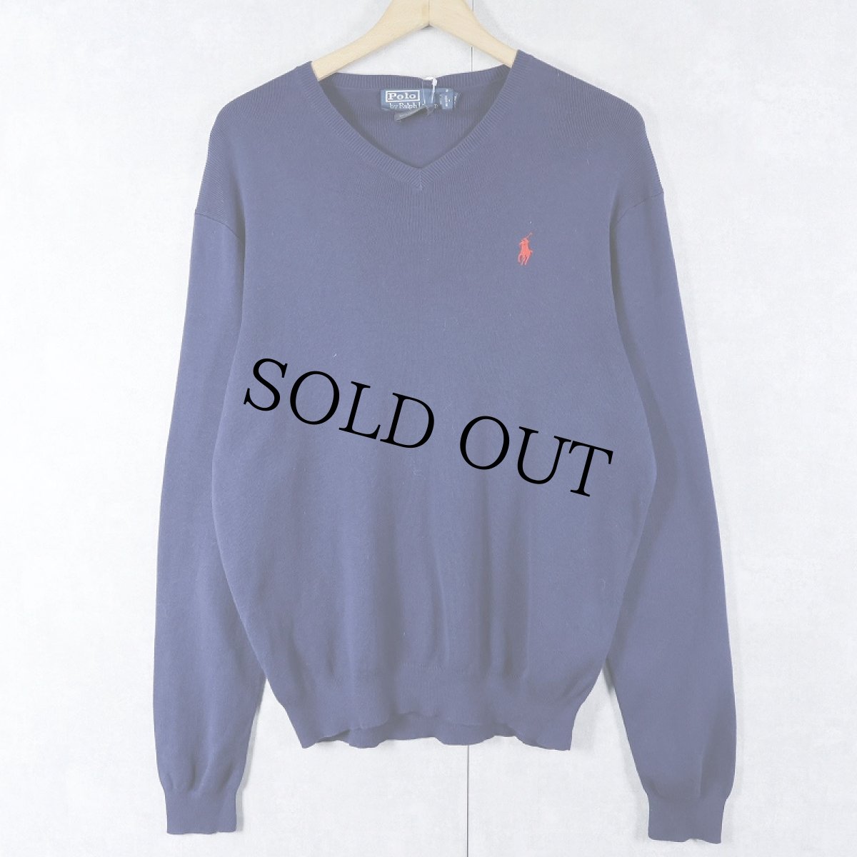 画像1: POLO Ralph Lauren ロゴ刺繍 Vネック ピマコットンニットセーター NAVY M (1)