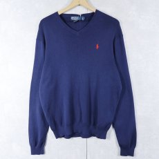 画像1: POLO Ralph Lauren ロゴ刺繍 Vネック ピマコットンニットセーター NAVY M (1)