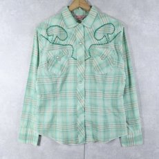 画像1: 〜70's H BAR C チェック柄 刺繍デザインウエスタンシャツ SIZE36 (1)