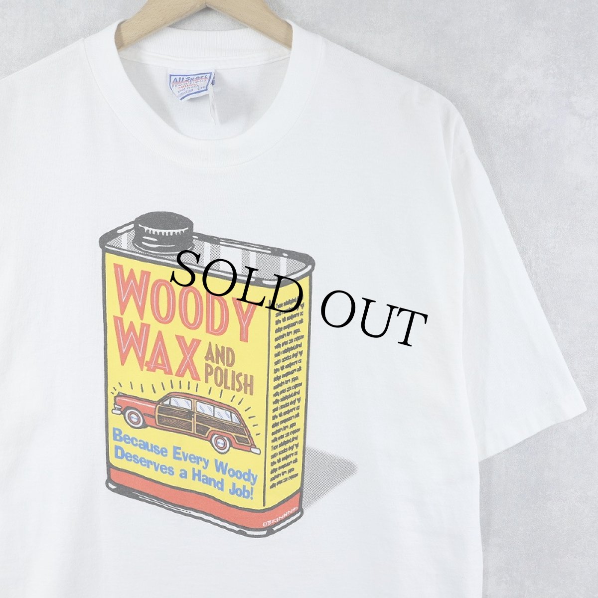 画像1: 90's USA製 "WOODY WAX POLISH" オイルイラストプリントTシャツ L (1)