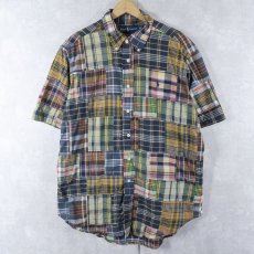 画像1: Ralph Lauren "CLASSIC FIT" インディアンマドラスチェック柄×パッチワーク コットンボタンダウンシャツ L (1)