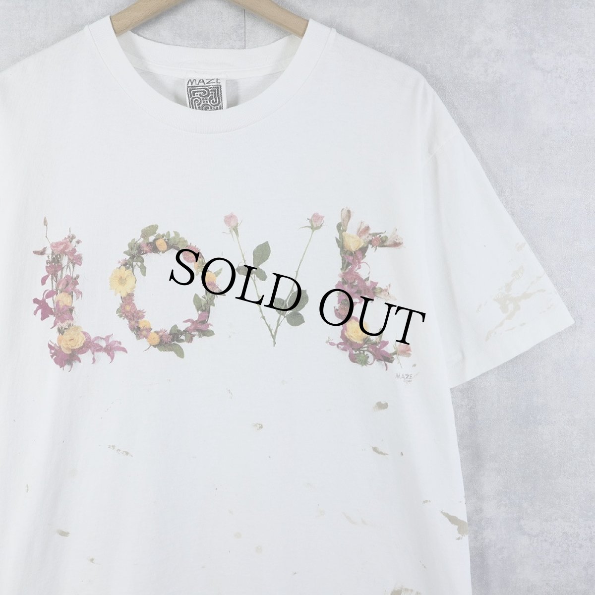 画像1: 90's MAZE USA製 "LOVE" フラワー プリントTシャツ L (1)