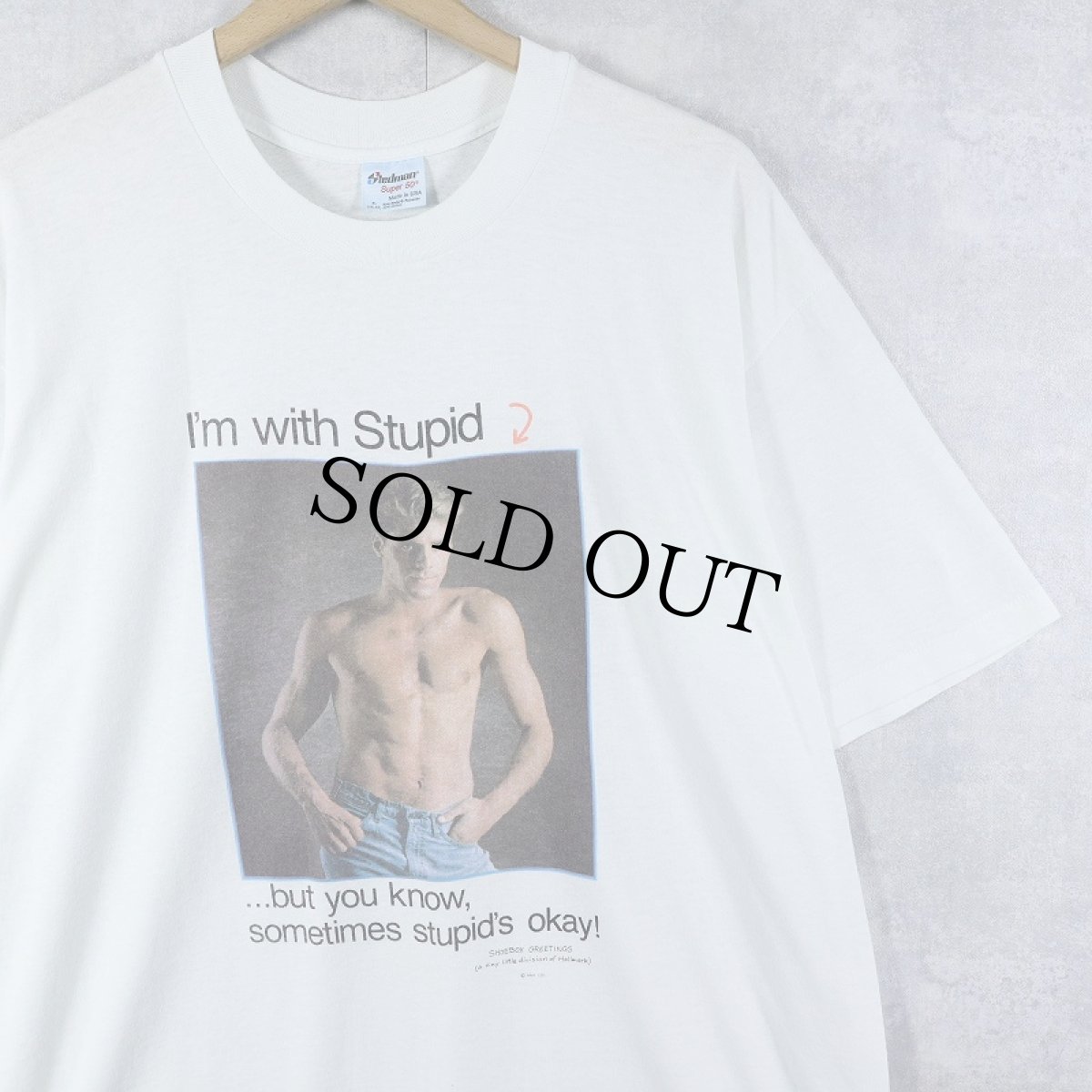 画像1: 80〜90's SHOEBOX GREETINGS USA製 "I'm with Stupid" ジョークプリントTシャツ XL (1)