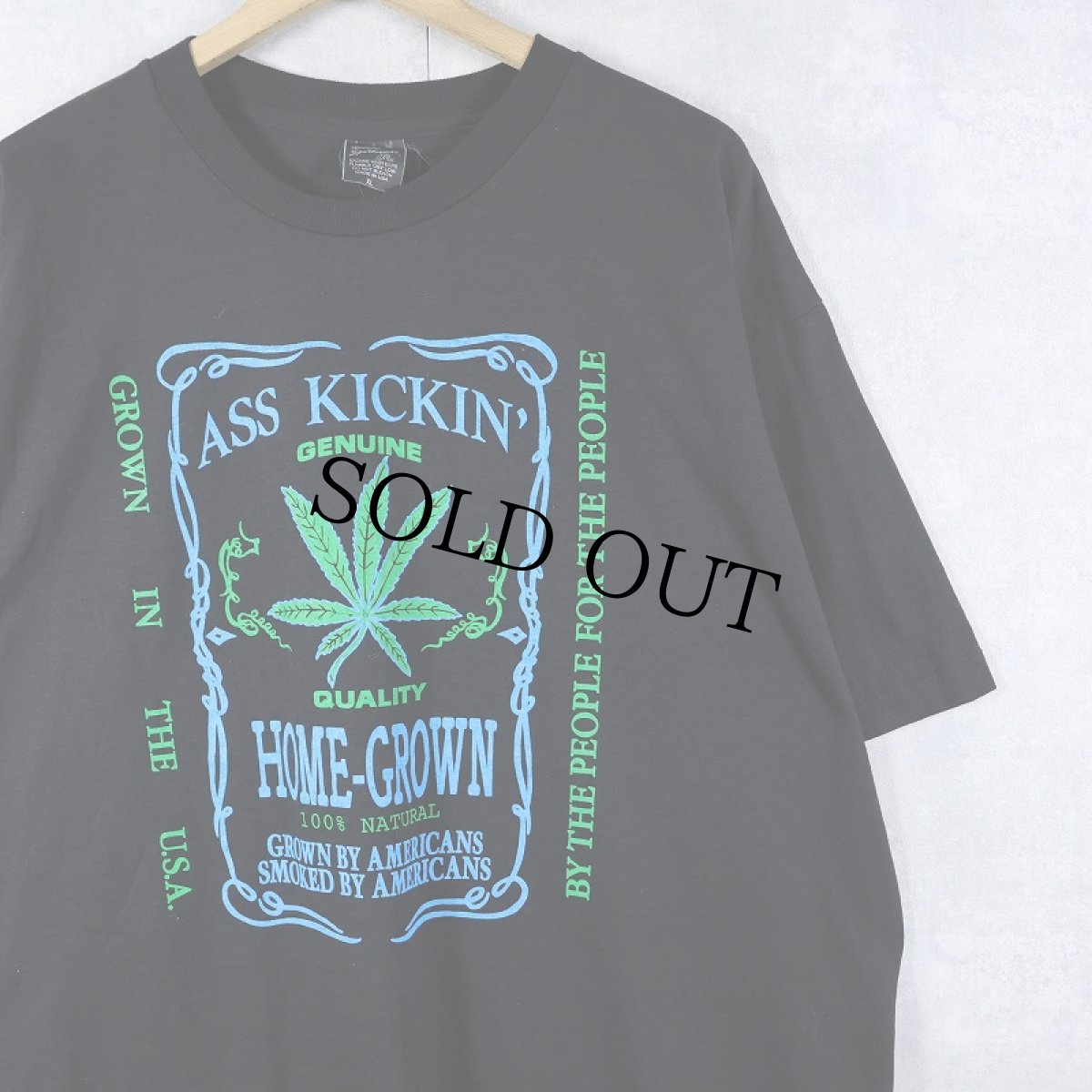 画像1: 90's USA製 ASS KICKIN' HOME-GROWN ガンジャ パロディプリントTシャツ BLACK XL (1)