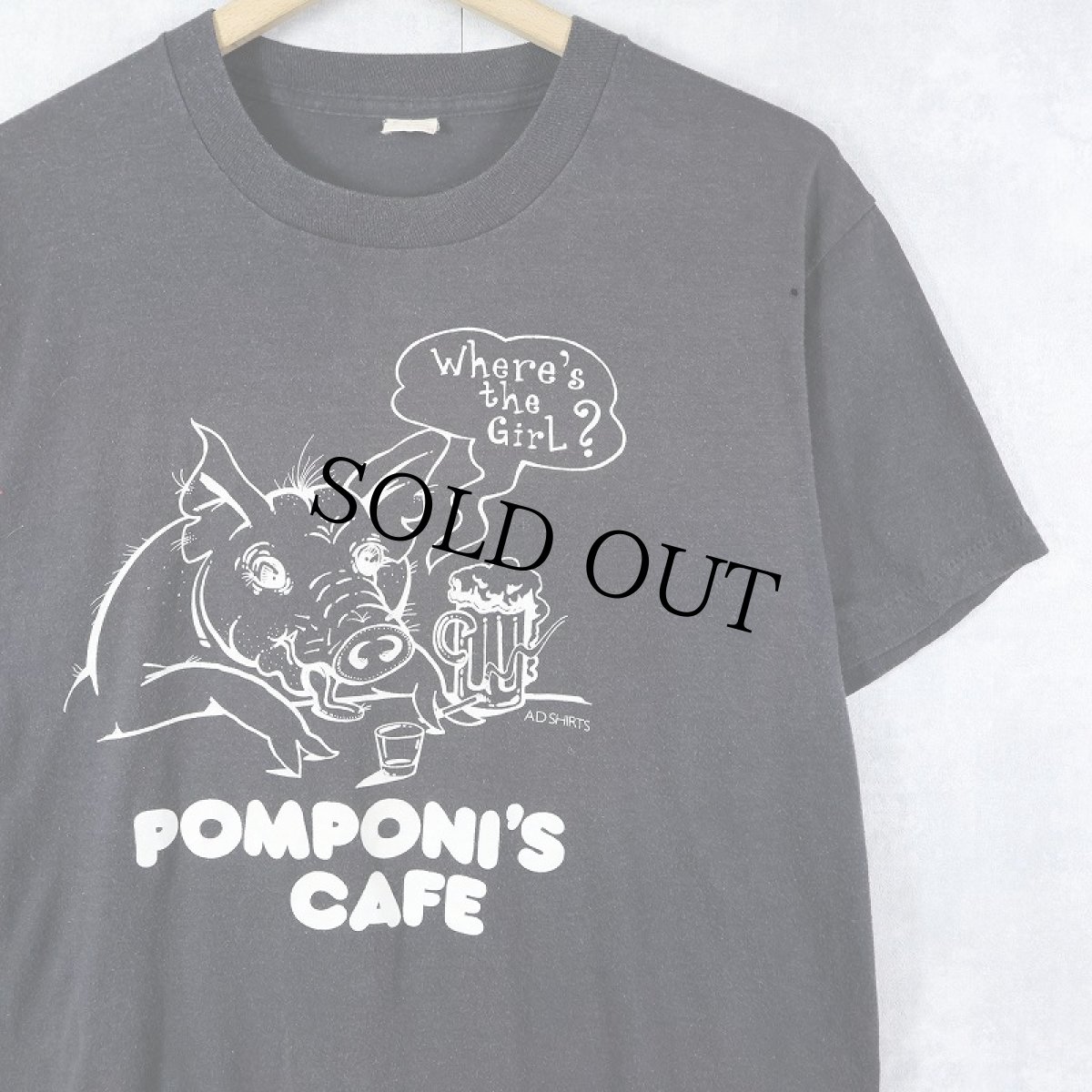画像1: 80's POMPONI'S CAFE USA製 "Where's the GirL?" イラストプリントTシャツ BLACK L (1)