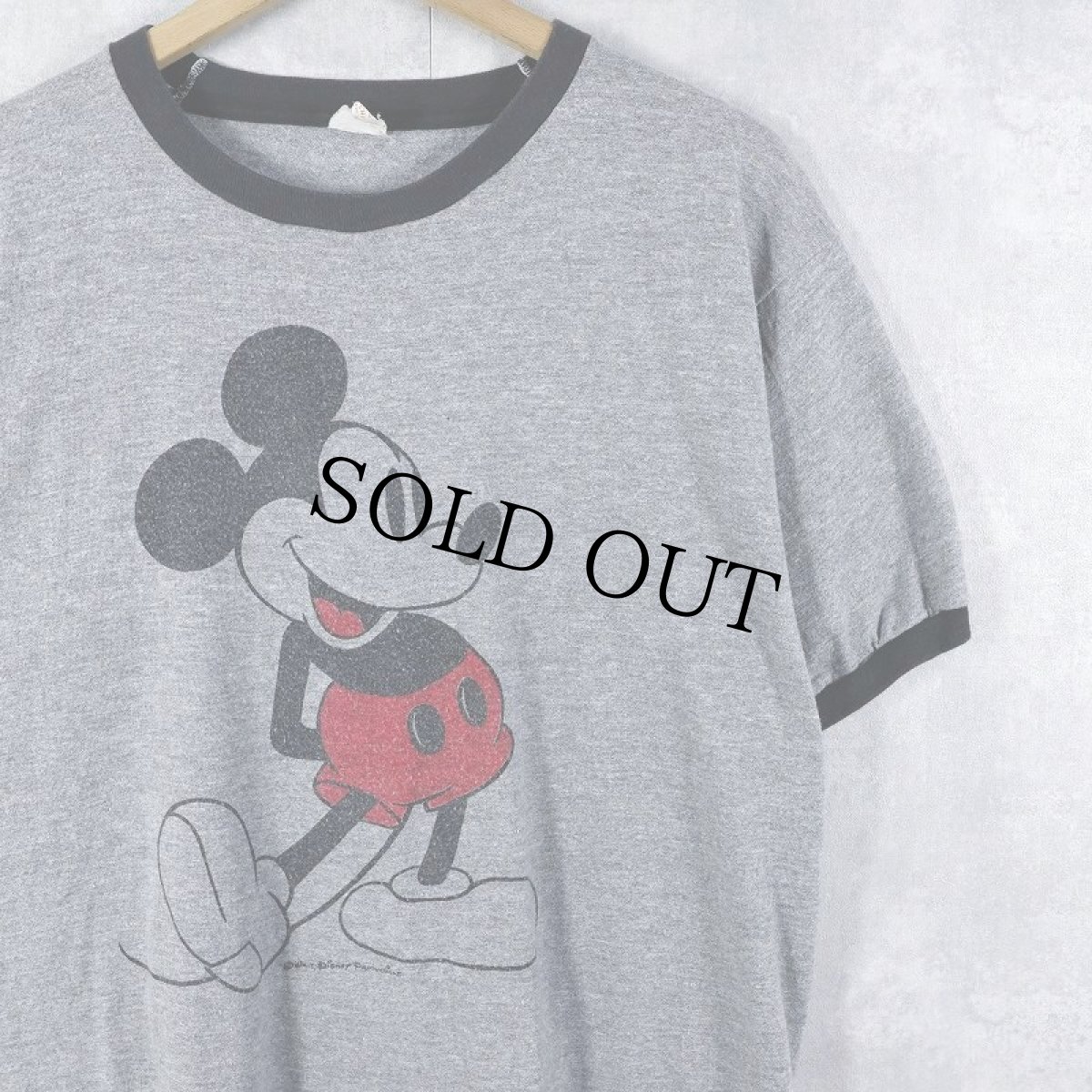 画像1: 70's Walt Disney MICKEY MOUSE USA製 白靴ミッキー キャラクタープリント リンガーTシャツ XL (1)