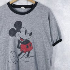 画像1: 70's Walt Disney MICKEY MOUSE USA製 白靴ミッキー キャラクタープリント リンガーTシャツ XL (1)