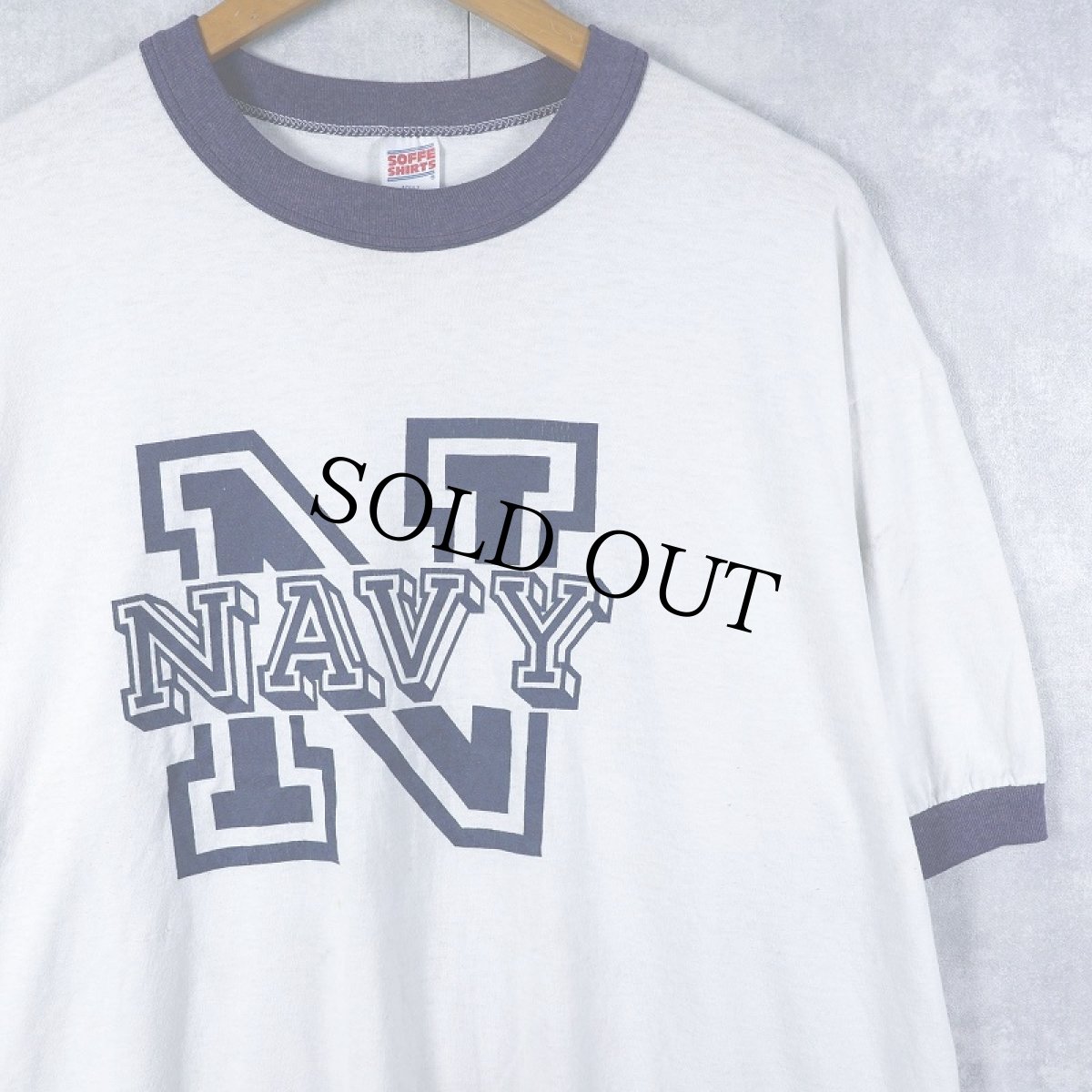 画像1: 80〜90's SOFFE USA製 "NAVY" プリントリンガーTシャツ XL (1)