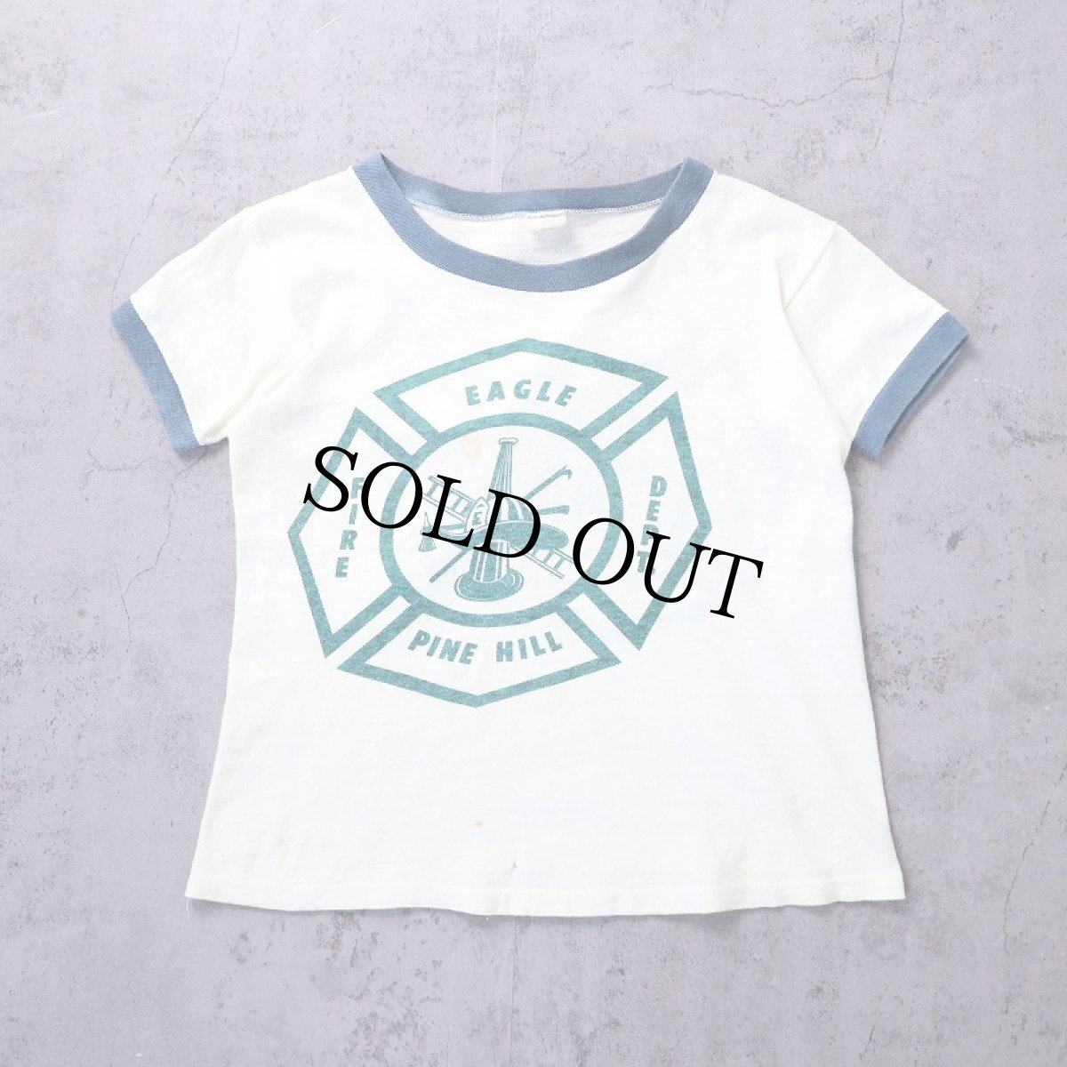 画像1: 〜70's "EAGLE FIRE DEPT. PINE HILL" 染み込みプリント リンガーTシャツ KIDS SIZE (1)